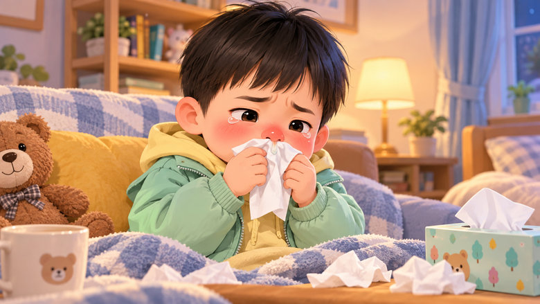 孩子坐在沙发上擤鼻涕